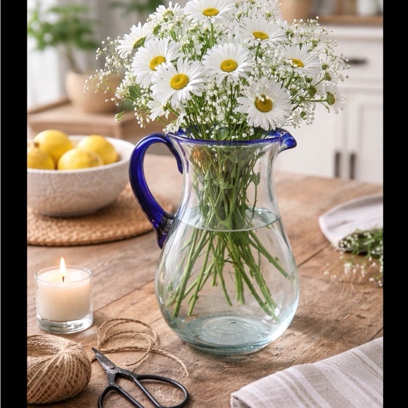 Hand Blown Art Glass Pitcher Cobalt Blue Rim Studio Glass Decor Collectible Vase - Picture 16 of 16